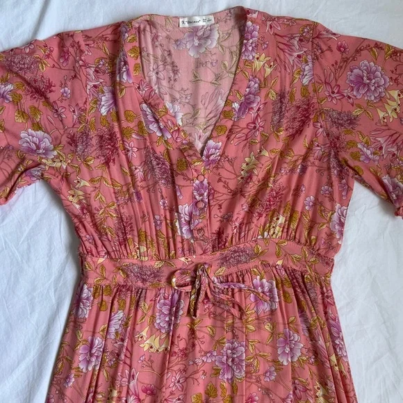 Pink Floral V-Neck Maxi Dress with Tie Waist - Picture 2 of 6